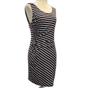 NWT LoveRiche Asymmetrical Ruched Tank Dress Medium Navy Blue White Striped